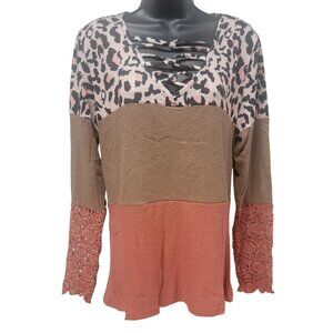 Cheetah Mocha and Rust Color Block Lace Sleeve Top L